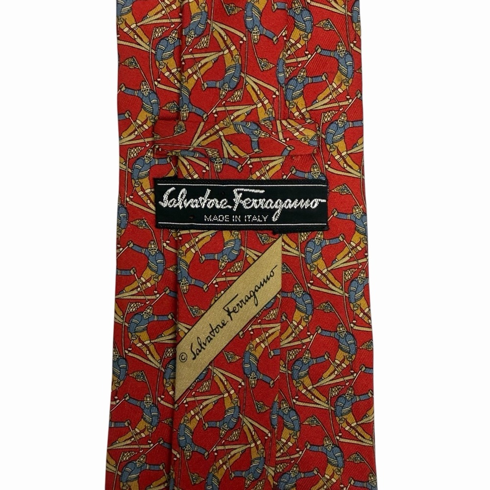 Salvatore Ferragamo Men's Tie Skiing Red/Gold/Blue Silk 3.75" (W) x 59" (L) guc